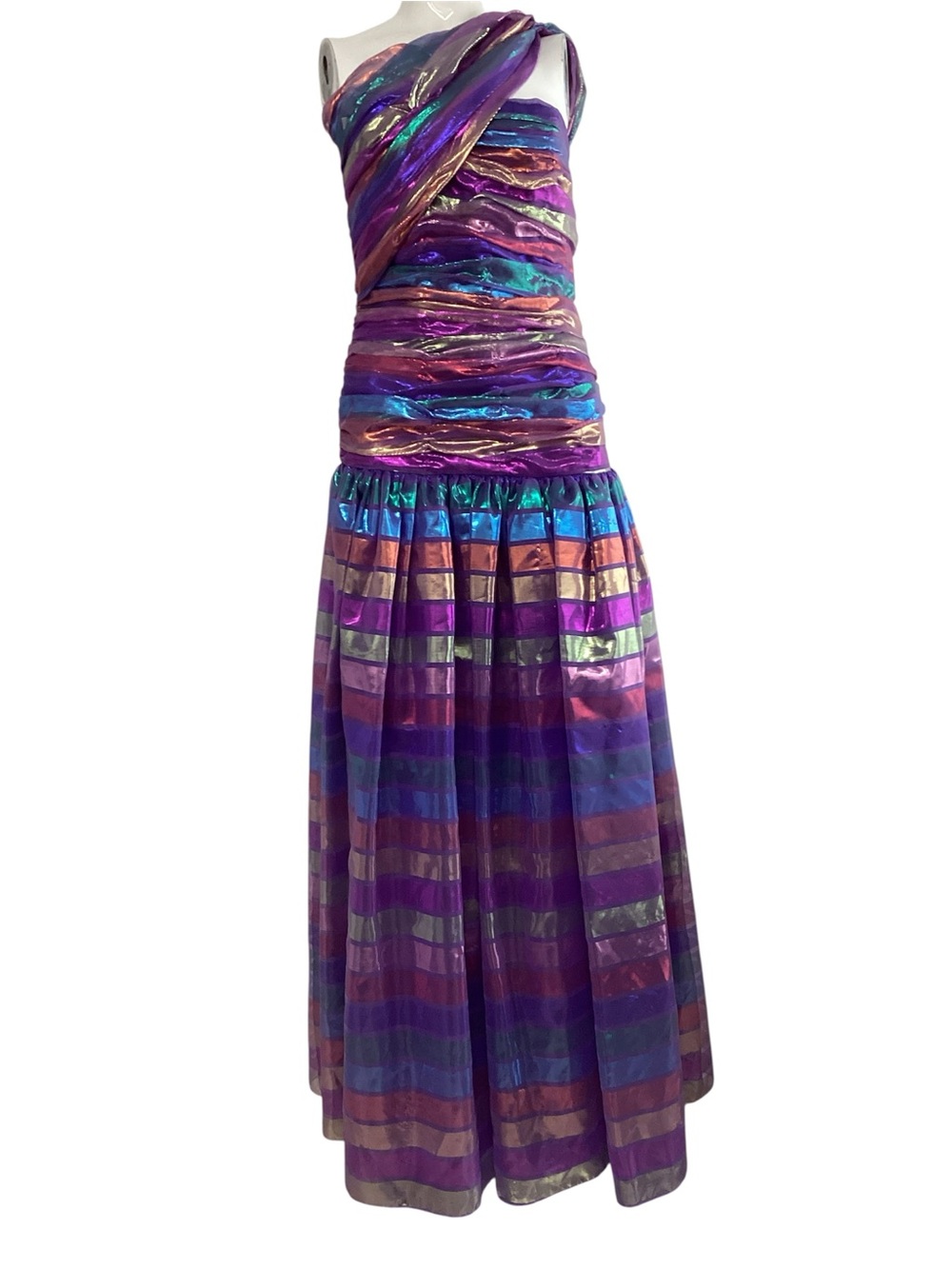 Vintage Victor Costa Iridescent Purple Multicolor Stripe Maxi Skirt